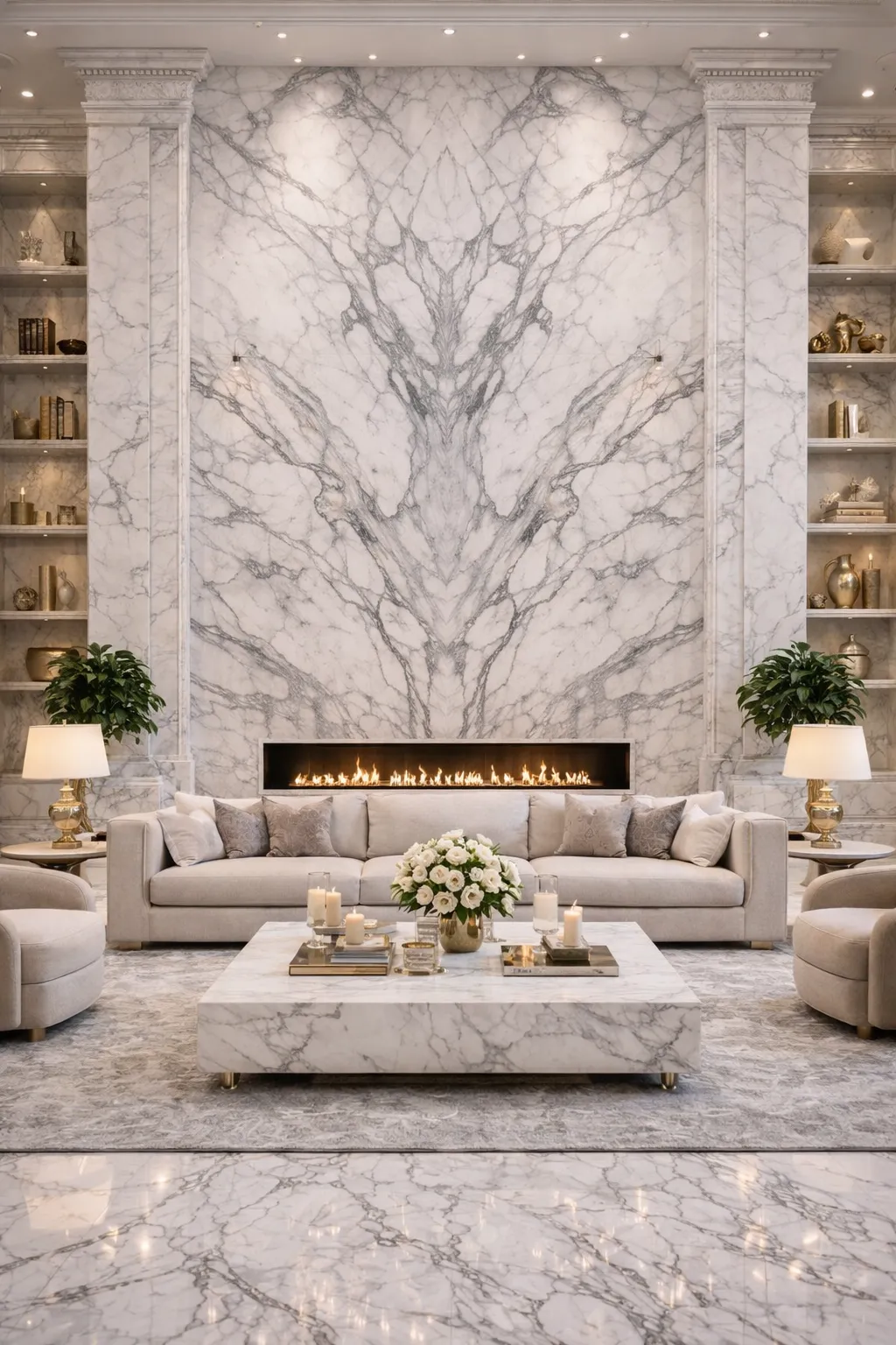 Marble feature wall bookmatched luxury interior
